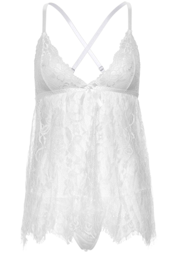 Сорочка бебі-дол Leg Avenue Floral lace babydoll & string White M, стрінги - фото №3