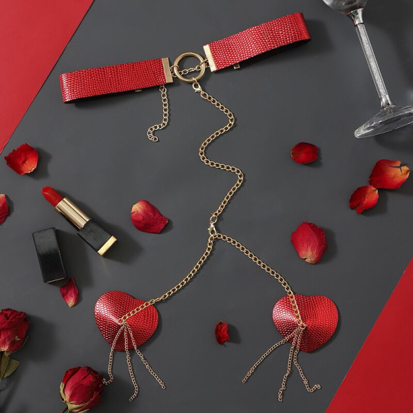 Пестис-сердечка з ланцюжками та чокером JSY Nipple Sticker RT236114 Red - фото