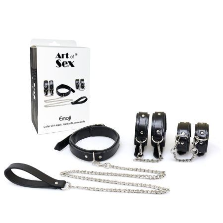 Набір BDSM Art of Sex - Emoji, наручники, поножі, нашийник з повідцем, екошкіра, чорний - фото №4