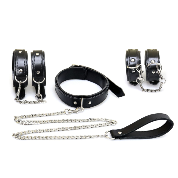 Набір BDSM Art of Sex - Emoji, наручники, поножі, нашийник з повідцем, екошкіра, чорний - фото