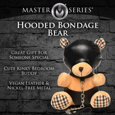 Плюшевий ведмедик HOODED Teddy Bear БДСМ у шкіряному капюшоні з повідцем, 23x16x12 см - фото №4