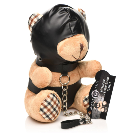 Плюшевий ведмедик HOODED Teddy Bear БДСМ у шкіряному капюшоні з повідцем, 23x16x12 см - фото №2