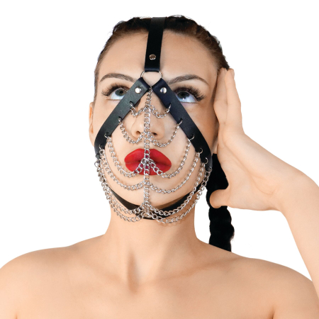 Маска з ланцюгами Art of Sex - Devon, натуральна шкіра, колір чорний - фото №3