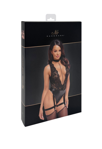 (SALE) Боді Noir Handmade F297 Libido Deep-V bodysuit with collar, pearl chain and garter - S №6