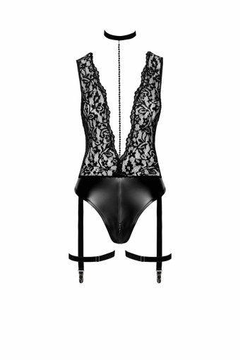 Боді Noir Handmade F297 Libido Deep-V bodysuit with collar, pearl chain and garter - 3XL №4