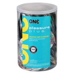 Набір презервативів ONE Pleasure Plus, 100 шт, з ребристою ділянкою на кінці, паковання-тубус - фото