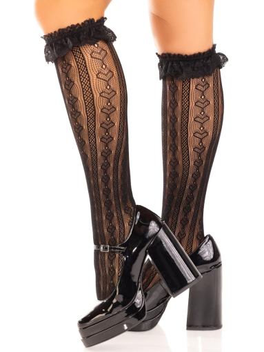 Шкарпетки ажурні з рюшами Leg Avenue Sweetheart Ruffle Cuff Knee Highs Black, високі №2