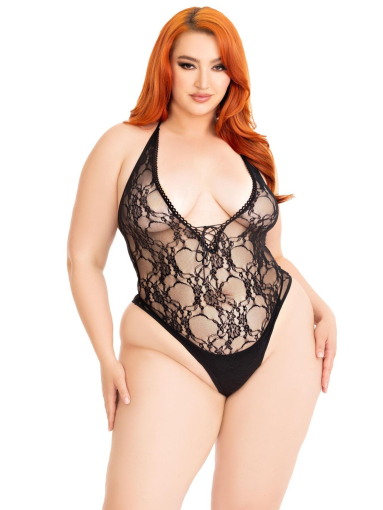 Боді Leg Avenue Floral lace deep-V teddy Black 1X/2X 