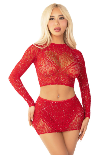 Комплект Leg Avenue Rhinestone Crop Top and Mini Skirt One Size, Red - фото