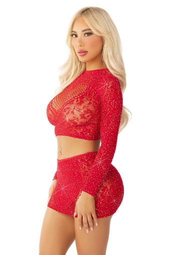 Комплект Leg Avenue Rhinestone Crop Top and Mini Skirt One Size, Red - фото №3