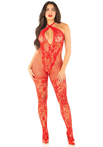 Бодістокінг Leg Avenue Seamless Net and Lace Lingerie Jumpsuit One Size, Red №2