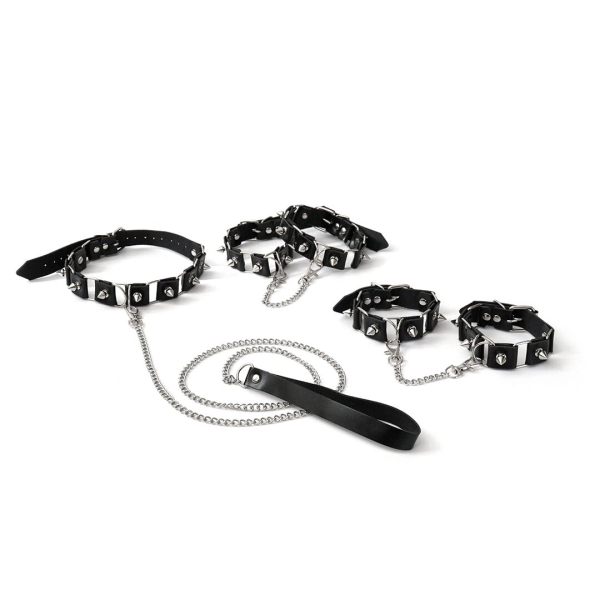 Бондажний набір: нашийник з повідцем, наручники та поножі Art of Sex - Cassandra, колір чорний - фото