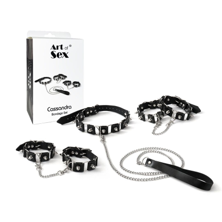 Бондажний набір: нашийник з повідцем, наручники та поножі Art of Sex - Cassandra, колір чорний - фото №6